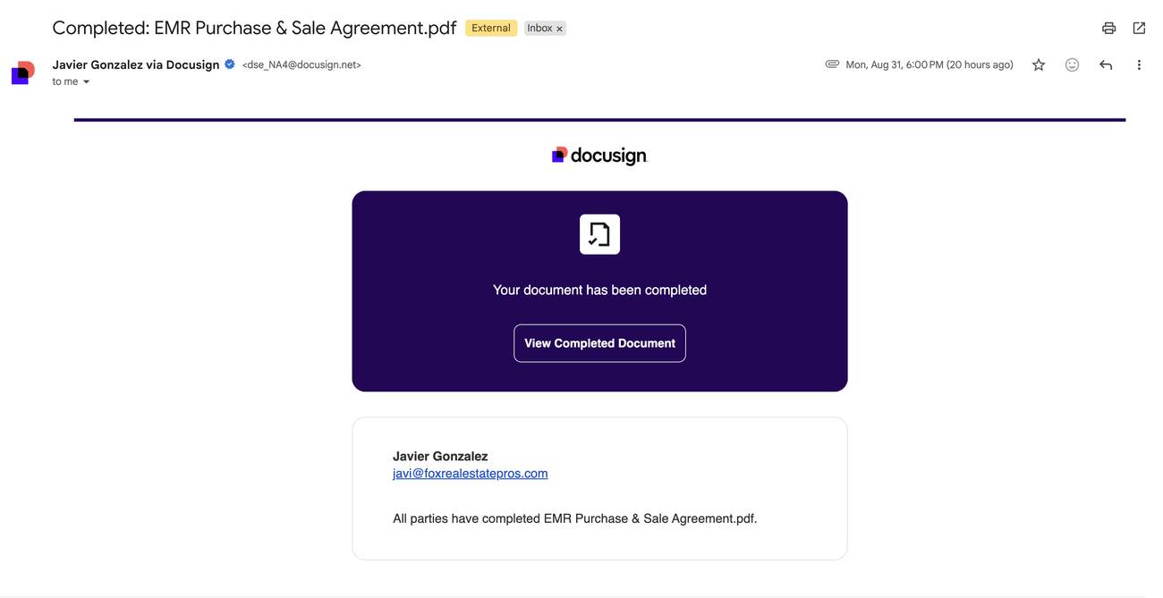 Completed purchase and sale agreement via DocuSign