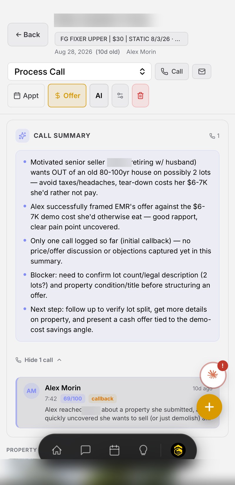 AI-written call summary with the blocker and the next step