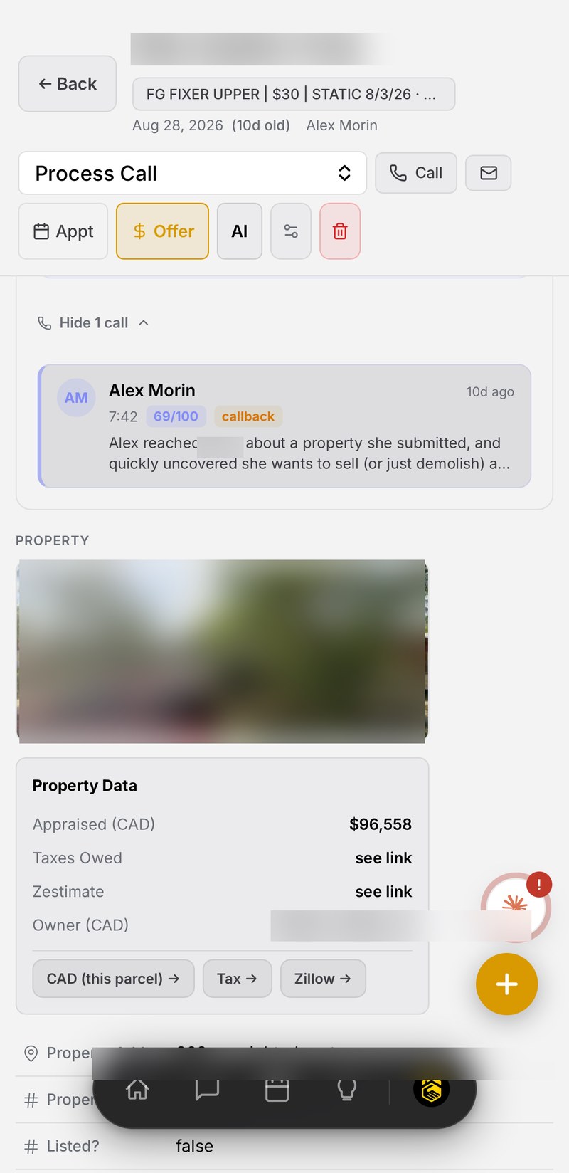 Property data pulled automatically into the CRM on a phone