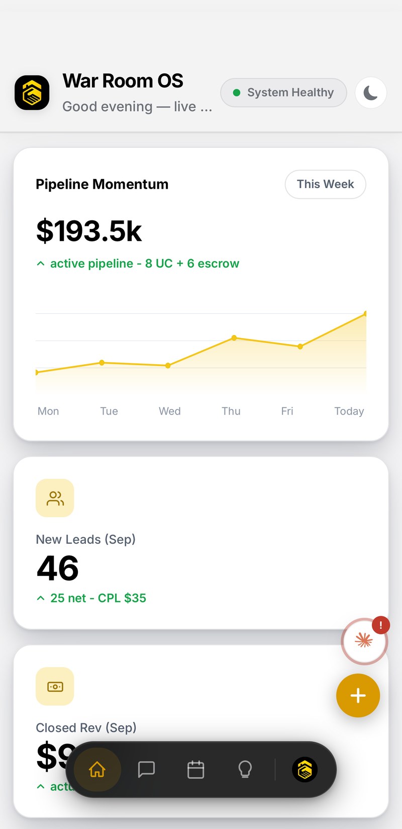 The War Room OS on a phone: pipeline momentum, new leads, closed revenue