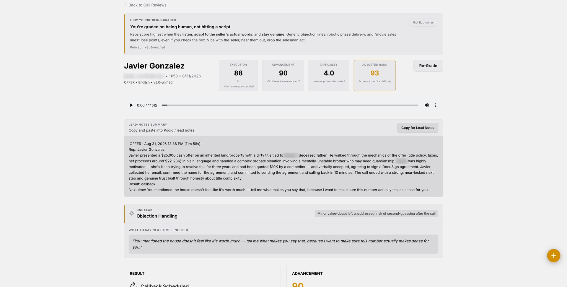 Automatically graded sales call scoring 93